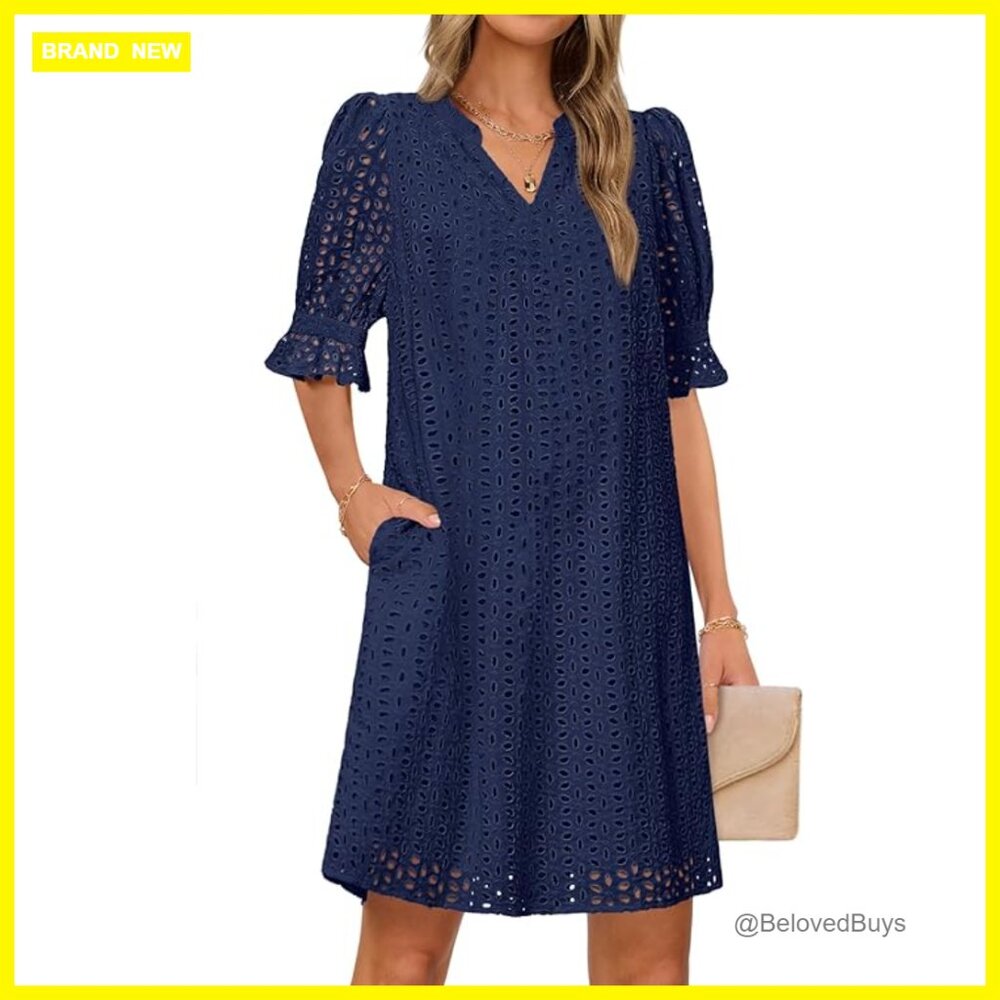 Short Sleeve V-Neck Mini Dress With Ruffle Sleeves And Eyelet Lace